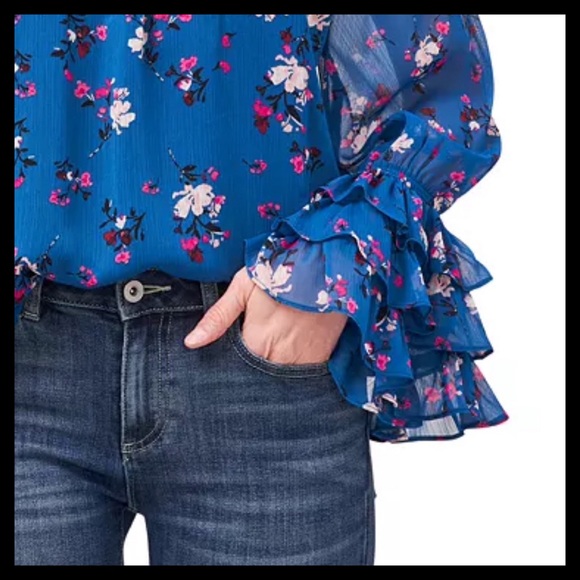 CECE Women's Off-The-Shoulder 
Floral Destiny Top Color: Sapphire Sky - Picture 4 of 5